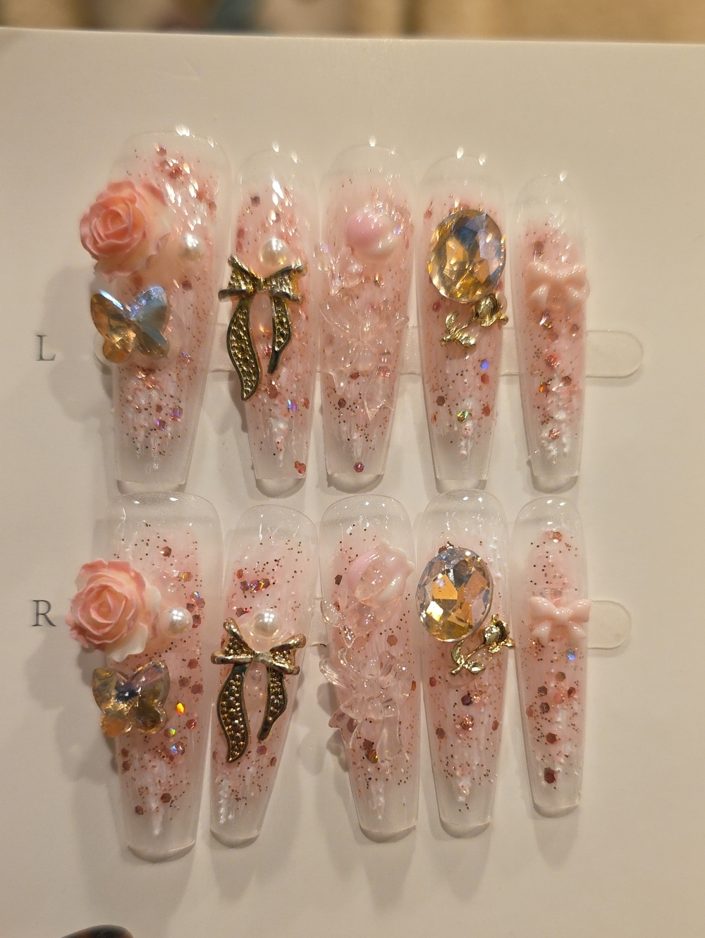 Pink 3D Floral Rhinestone Press-On Nail Set Size Large